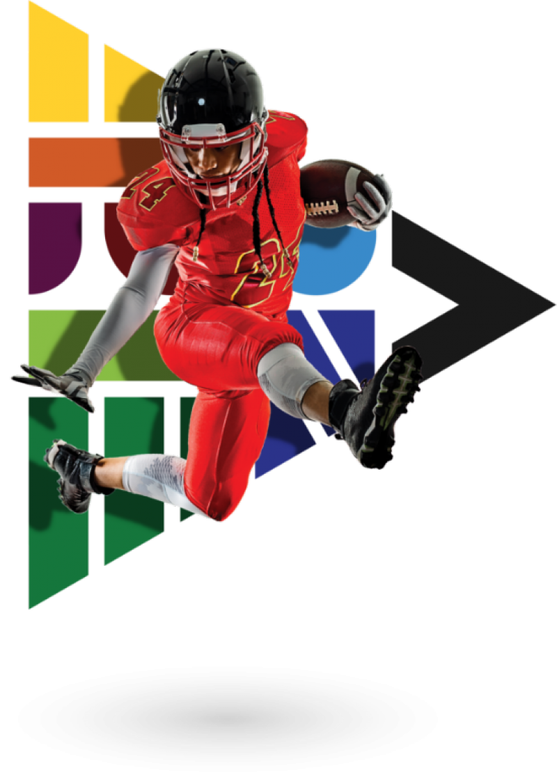 Football player jumping in front of DCSD logo
